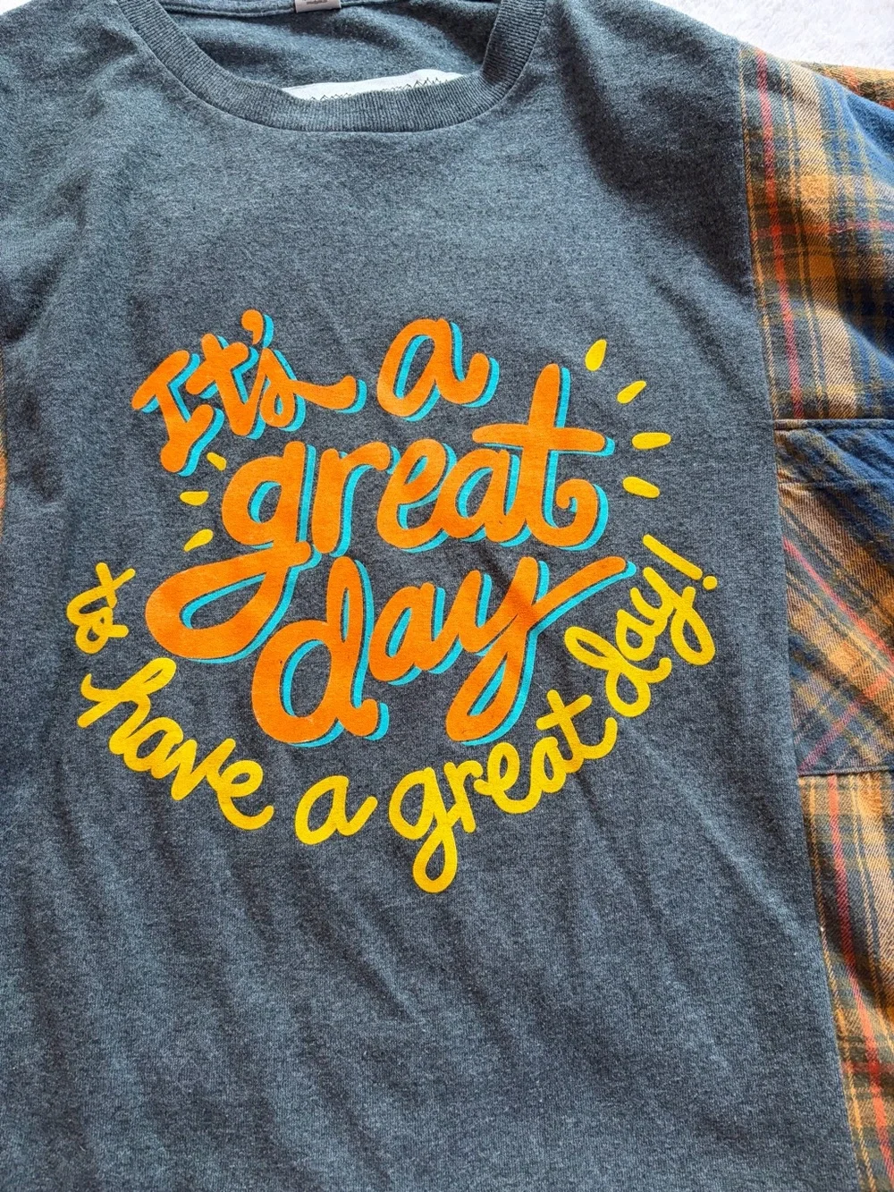Gildan Dark Gray Long-Sleeve Tee with Yellow and Teal Graphic and Plaid Sleeves - Picture 3 of 5